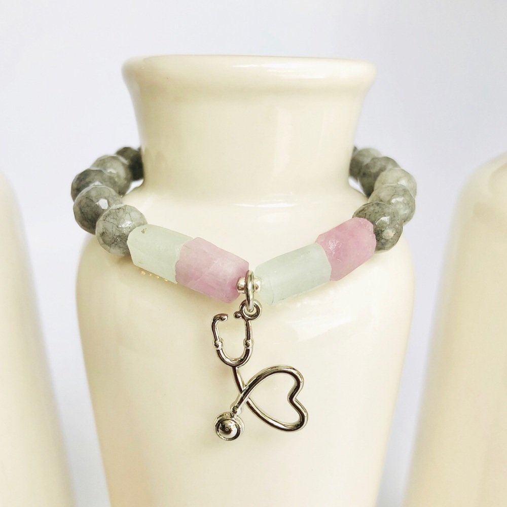 GEMSTONE | Gray Agate Aquamarine Beaded Bracelet